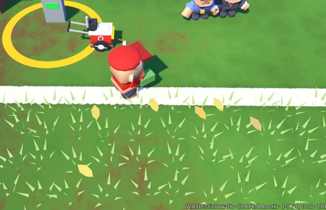 Screenshot: the groundskeeper reaches a hacked line-marking robot on the pitch